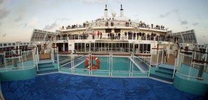 Passengers gathered to watch the sunset.
