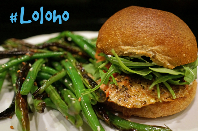 Here's the finished product: Caper Mayo Salmon Burgers and Sesame Sautéed Green Beans!